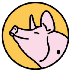 원을 가득 채운 노란색 배경에 웃고 있는 연분홍돼지의 얼굴이 그려져 있다.